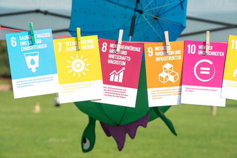 Die SDGs hängen als Karten nebeneinander an einer Wäscheleine mit Wäscheklammern befestigt.